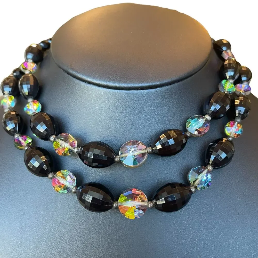 Vintage 2 Strand Black Faceted Beads Oval Peacock AB Color Beaded Necklace 16